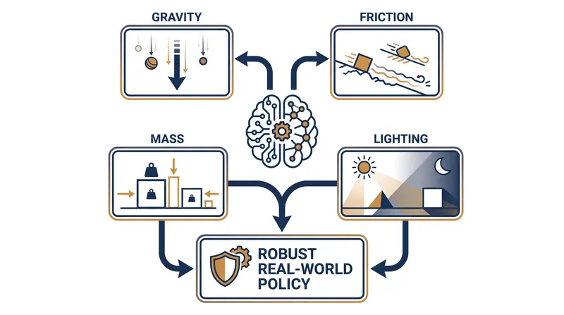 Domain randomization forces the AI to learn across thousands of slightly incorrect physics simulations, making it robust enough to handle reality.