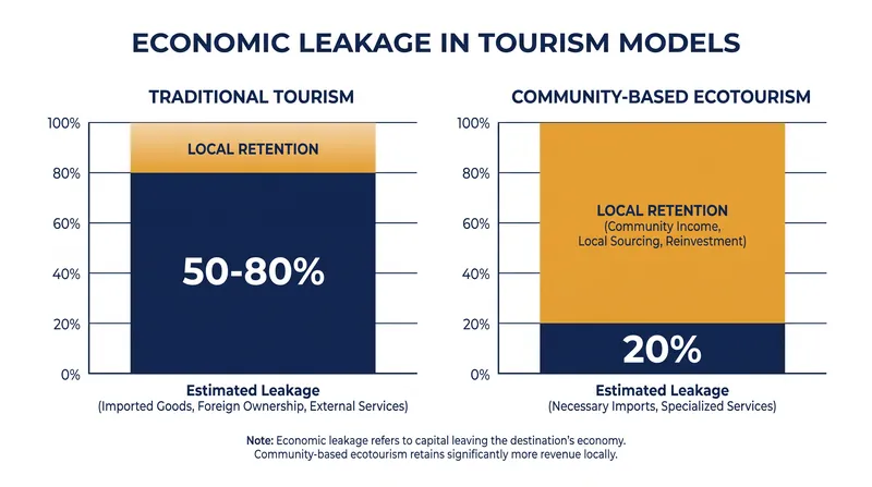 Community-based models drastically reduce economic leakage, keeping revenue in the host country.