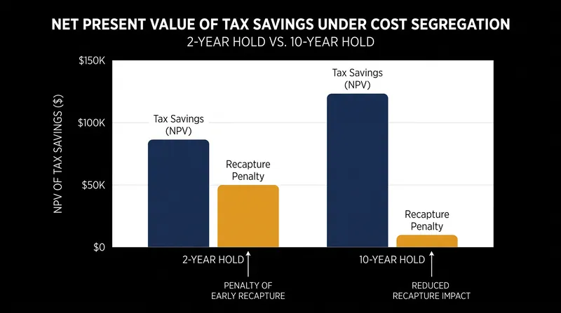 Short-term holds often result in a net loss after recapture taxes, while long-term holds benefit from the time value of money.