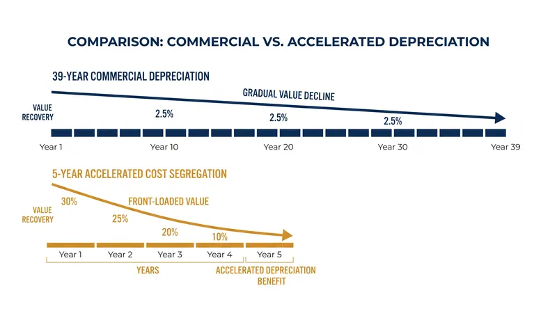 Accelerated depreciation shifts tax benefits from a 39-year timeline to the first 5 to 15 years of ownership.