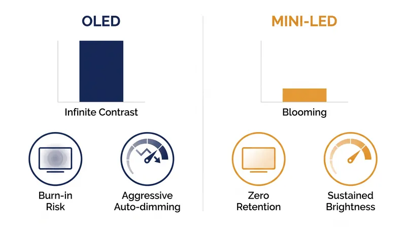 The fundamental physical trade-offs between self-emissive and backlit display technologies.