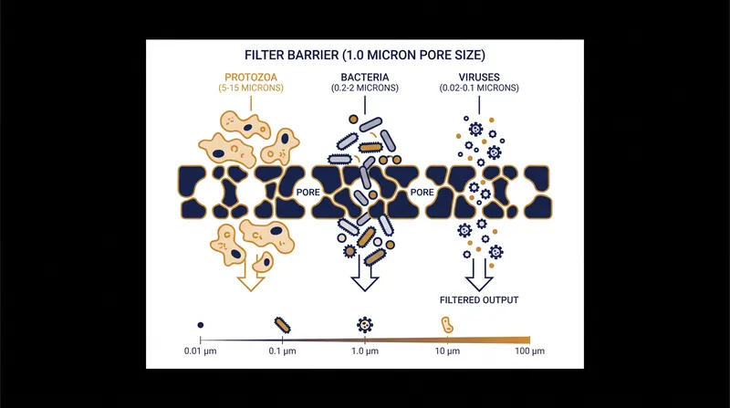 Standard backcountry filters physically trap larger pathogens but allow microscopic viruses to pass through.