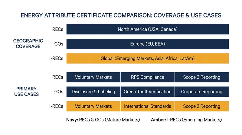 Different regions utilize distinct tracking frameworks to manage renewable energy claims.