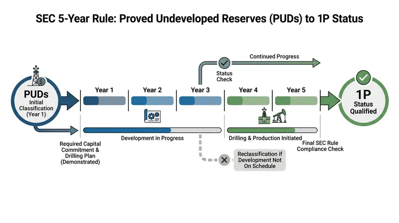 The SEC mandates that undeveloped reserves must be drilled within five years to maintain 1P status.