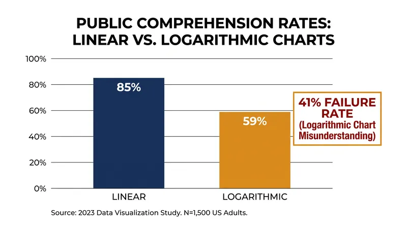 Studies indicate a significant drop in public comprehension when data is presented on a logarithmic scale rather than a linear one.
