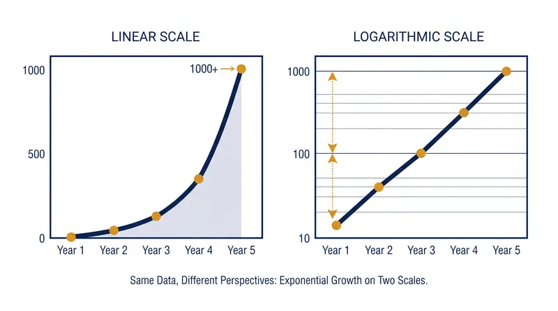 The same exponential growth data appears as a steep curve on a linear scale (left) and a straight line on a logarithmic scale (right).