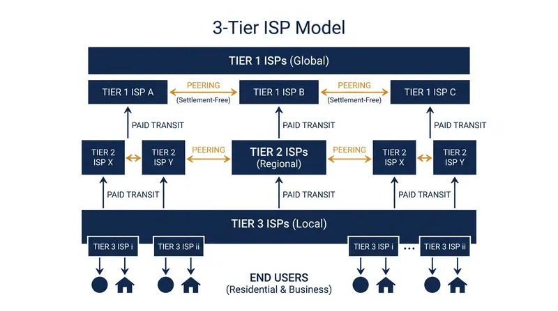 The hierarchical structure of the internet dictates how networks pay for data transit.