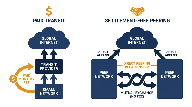 While lower-tier networks must purchase IP transit, Tier 1 networks rely on cooperative peering.
