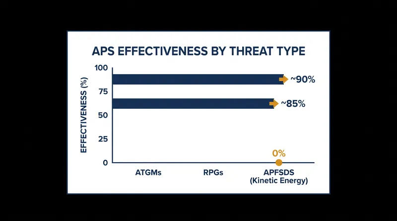 While highly effective against chemical-energy warheads, APS provides no defense against kinetic energy penetrators.