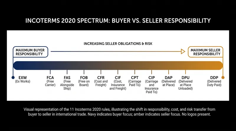 The 11 Incoterms range from Ex Works (EXW) to Delivered Duty Paid (DDP).