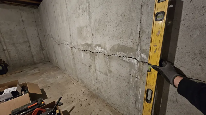 Horizontal cracks indicate lateral hydrostatic pressure from saturated exterior soil.
