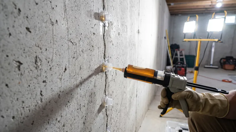 Low-pressure epoxy injections seal shrinkage cracks to prevent groundwater intrusion.