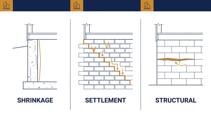 Different forces produce distinct crack patterns in concrete and masonry foundations.