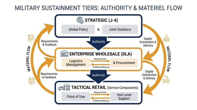 The military sustainment architecture divides responsibilities between planning, wholesale procurement, and tactical distribution.