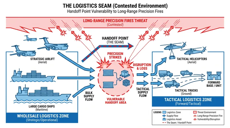 The transition point between wholesale delivery and tactical distribution represents a critical vulnerability in contested environments.
