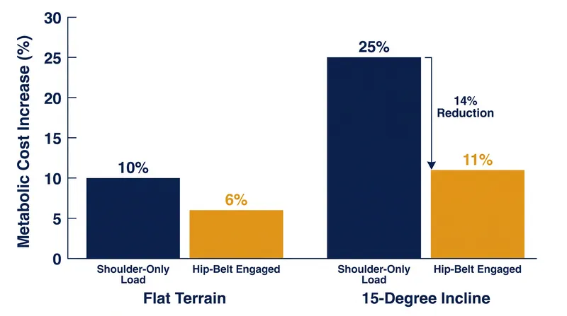 Engaging a hip strap measurably reduces the metabolic penalty of carrying heavy loads, particularly on steep gradients.