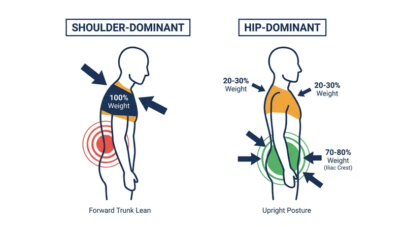 Transferring load to the iliac crest minimizes the compensatory forward trunk lean that drives lower back pain.