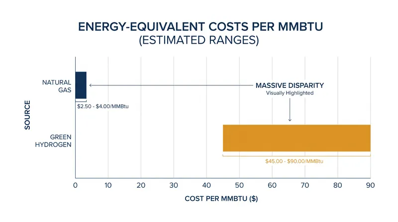 Green hydrogen remains up to 22 times more expensive than conventional natural gas on an energy-equivalent basis.