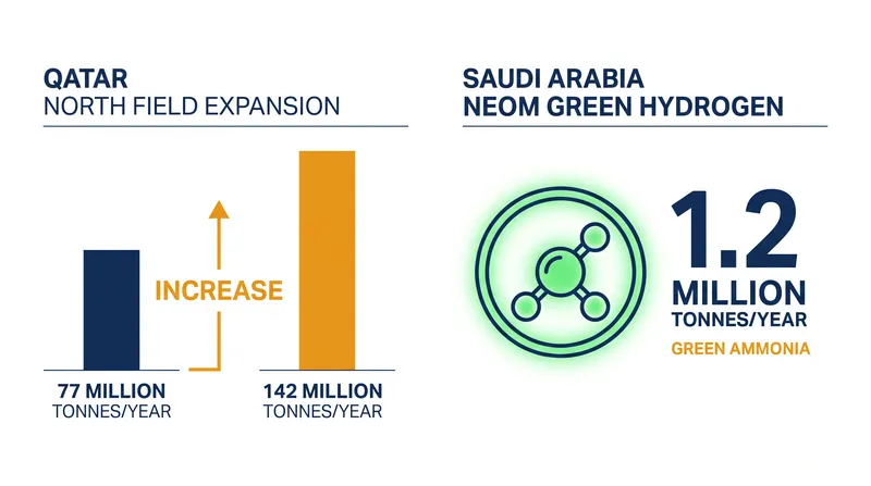 Qatar's LNG expansion dwarfs Saudi Arabia's initial green hydrogen output by volume.