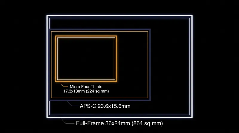 A full-frame sensor offers roughly 3.8 times the light-gathering surface area of a Micro Four Thirds sensor.