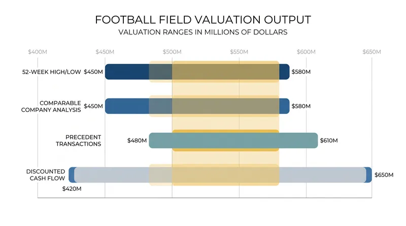 A standard 'football field' chart blends multiple valuation methods to find a consensus range.