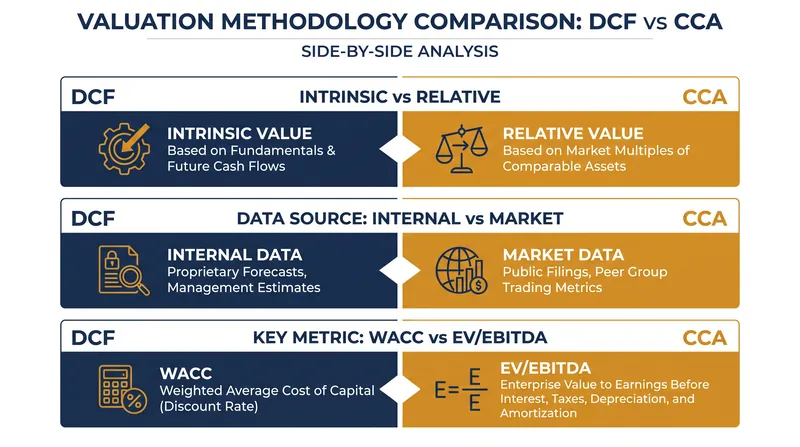 Core differences between Discounted Cash Flow and Comparable Company Analysis.