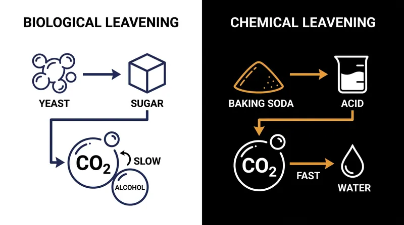 The fundamental difference between biological fermentation and chemical acid-base reactions in baking.