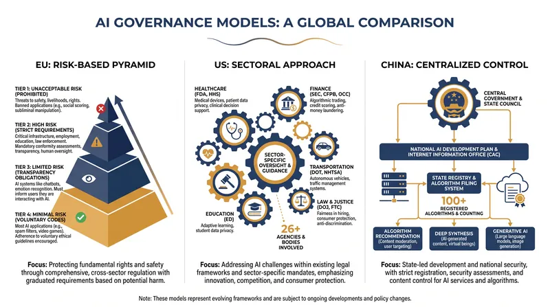Structural comparison of the EU, US, and Chinese AI regulatory frameworks.