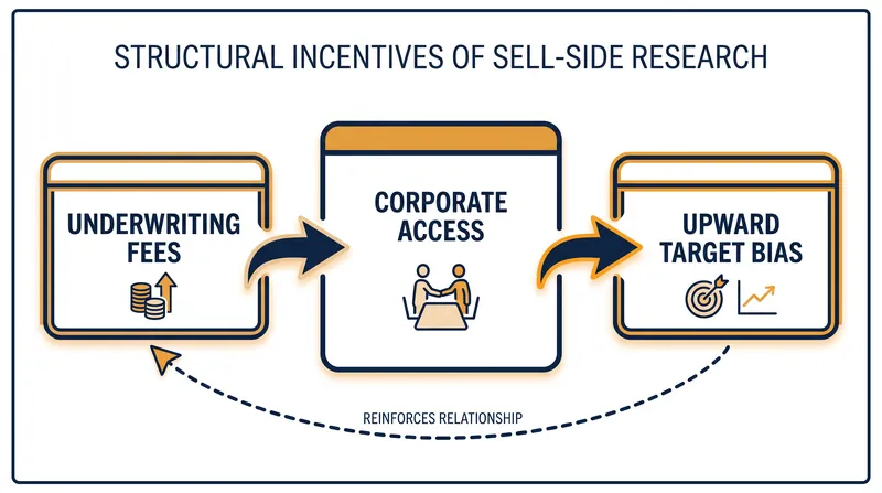 Analysts face institutional pressure to maintain bullish outlooks to preserve corporate relationships.