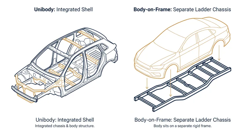 Unibody vehicles integrate the frame and body into a single shell, while body-on-frame vehicles bolt the cabin to a heavy steel ladder chassis.
