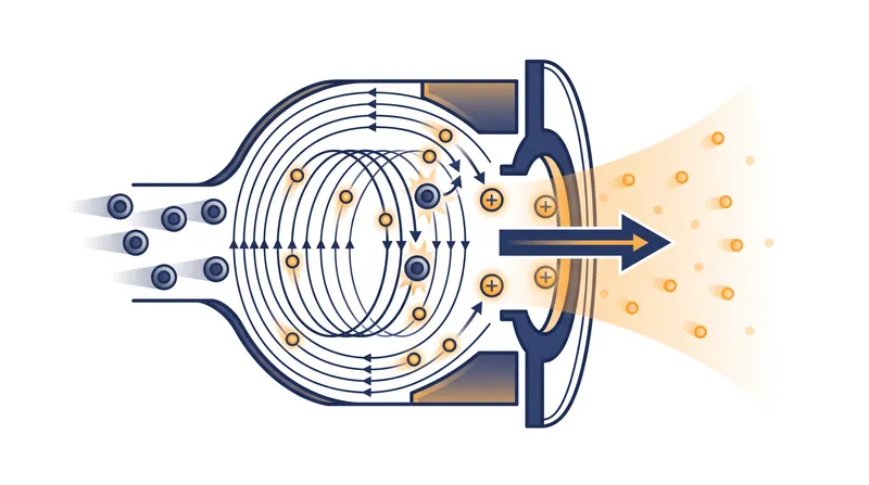 Inside the thruster, a magnetic field traps electrons which ionize injected propellant gas, allowing an electric field to accelerate the ions outward.