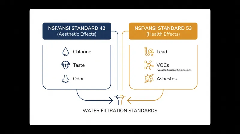 Standard 42 improves taste, while Standard 53 is required for actual health protection against heavy metals.