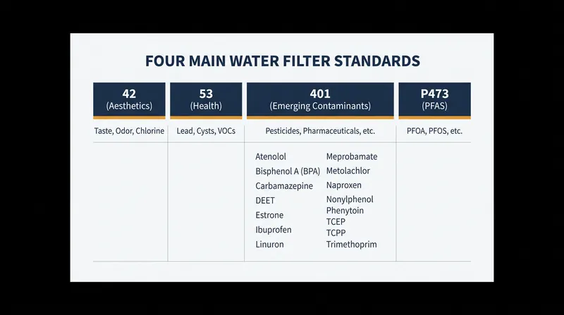 Comprehensive home filtration often requires a system certified to a combination of 42, 53, and 401 simultaneously.
