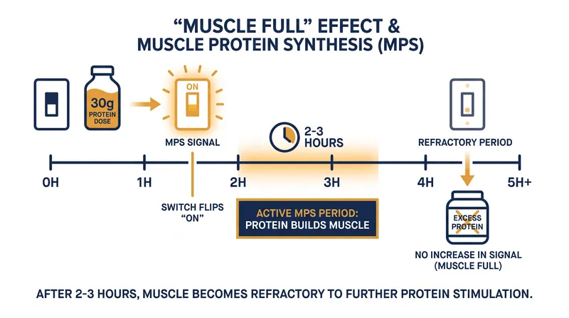 The 'muscle full' effect means the body can only utilize a certain amount of protein for tissue repair in a single sitting.