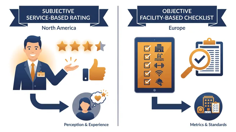 European systems often rely on binary checklists, while North American systems evaluate emotional connection.