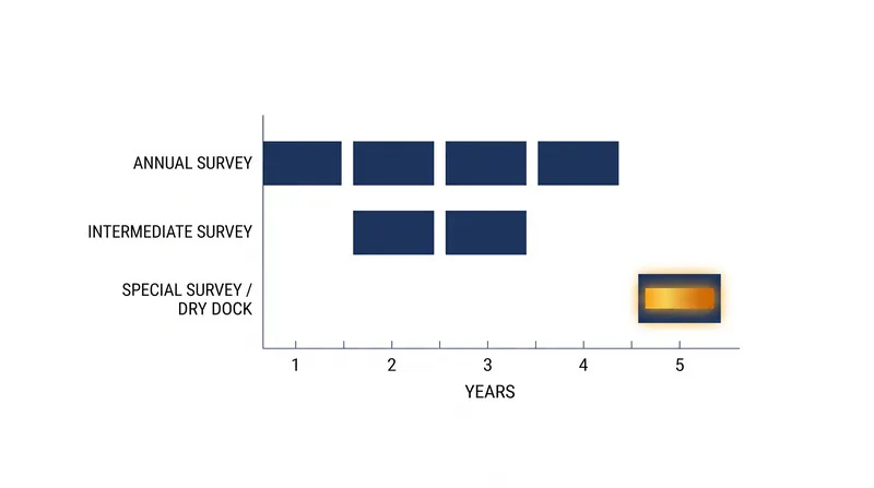 Vessels must adhere to a strict five-year survey cycle to maintain their class certificates and remain insurable.
