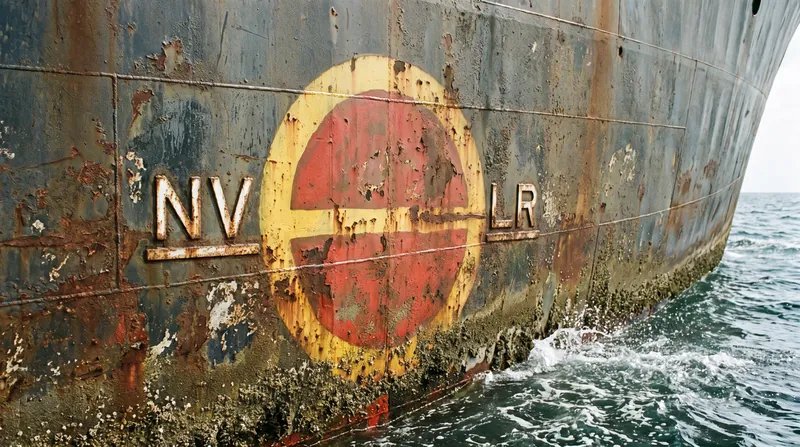 The load line mark on a ship's hull is typically flanked by the initials of the classification society that assigned it.