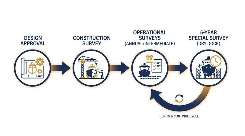 The classification lifecycle ensures a vessel remains structurally sound from its initial blueprints to its eventual decommissioning.
