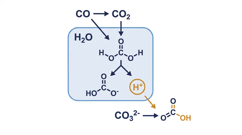 The core mechanism: CO2 reacts with seawater to release hydrogen ions, which then deplete the carbonate ions that marine life needs to build shells.