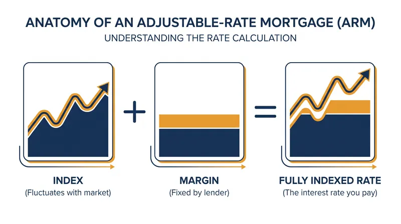An ARM's interest rate is calculated by adding a fixed margin to a fluctuating market index.