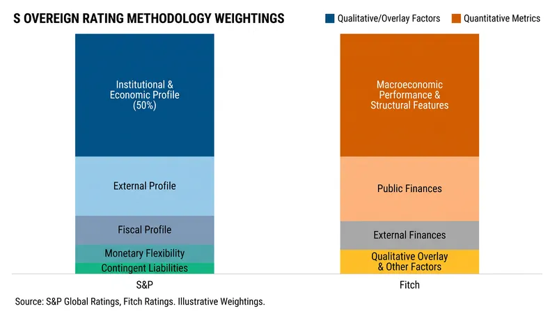 Sovereign rating models balance raw economic data against subjective institutional assessments.