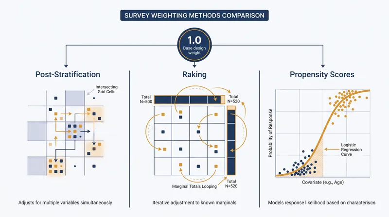 The three primary mechanisms statisticians use to correct sample bias.