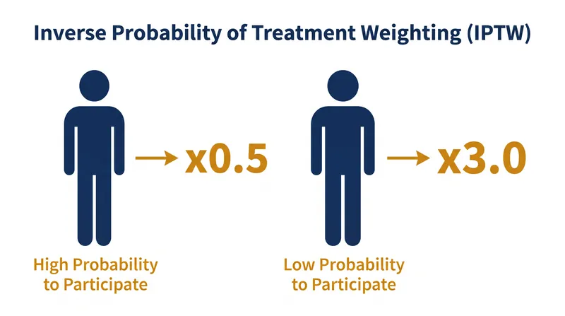 Propensity score adjustment assigns higher weights to individuals who were statistically unlikely to take the survey.