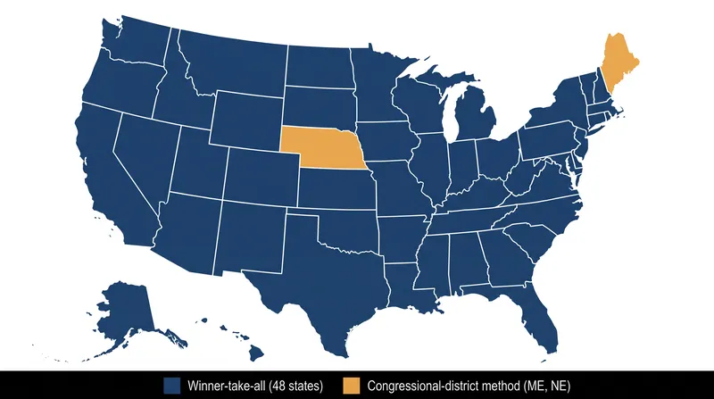 Currently, 48 states and Washington D.C. use the winner-take-all method, while only Maine and Nebraska use the district method.
