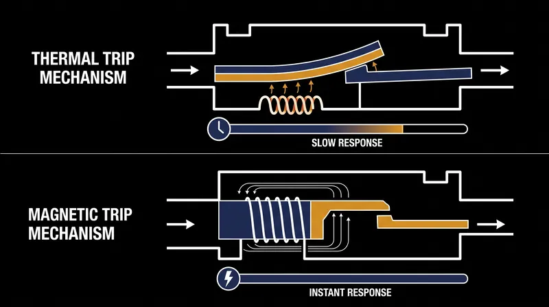 Thermal units use a bending bimetallic strip for slow overloads, while magnetic units use an electromagnet for instant short-circuit protection.