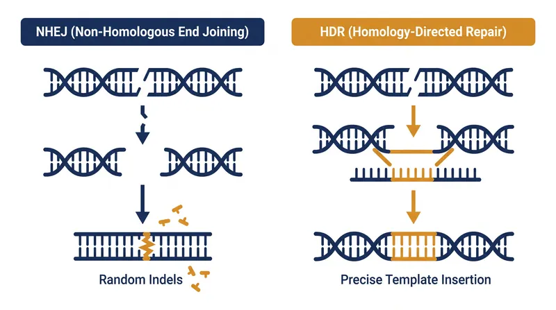 Following a Cas9 double-strand break, the cell utilizes either error-prone NHEJ or precise HDR to repair the DNA.