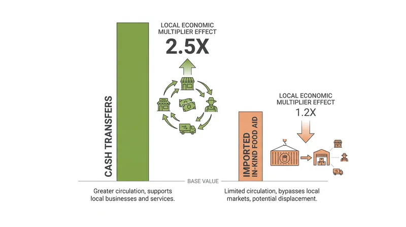 Cash transfers stimulate local markets, whereas imported in-kind aid can depress regional agricultural prices.