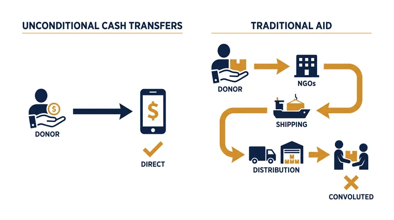 The logistical path of traditional in-kind aid compared to direct digital cash transfers.