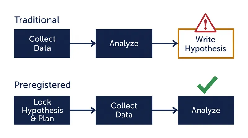 Preregistration forces researchers to lock in their analytical plans before seeing the data, eliminating the flexibility that causes false positives.