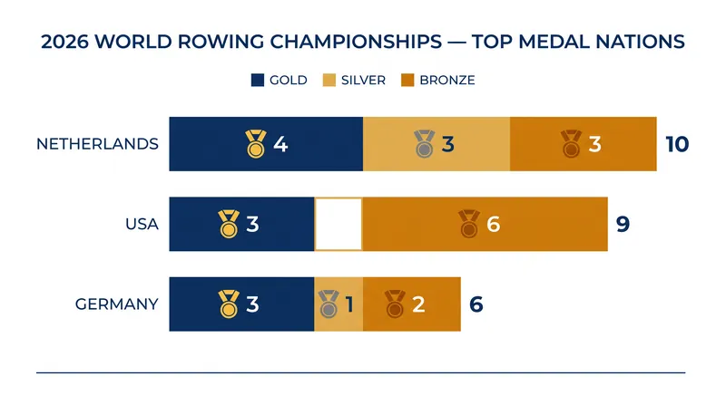 The final medal tally at the 2026 World Rowing Championships in Amsterdam.